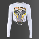 Women Fall Round Neck Letter Long Sleeve Crop T-Shirt