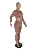 Solid Hooded Zipper Crop Two-Piece Pants Set