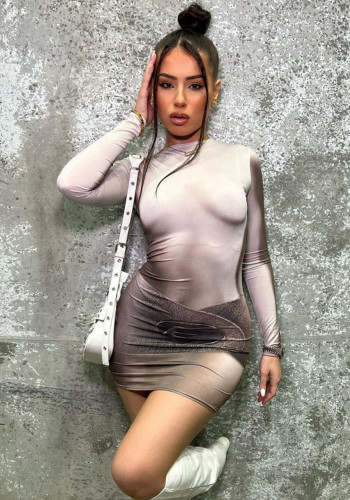 Fall Round Neck Long Sleeve Printed Slim Fit High Waist Bodycon Short Dress