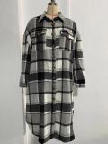 Autumn And Winter Chic Windbreaker Coat Side Slit Turndown Collar Loose Plaid Shirt Jacket