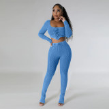 Women's Square Neck Long Sleeve Lace Up Top Sexy Tight Fitting Pencil Pants Fashion Two Piece Set
