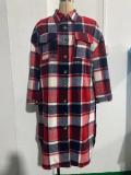 Autumn And Winter Chic Windbreaker Coat Side Slit Turndown Collar Loose Plaid Shirt Jacket