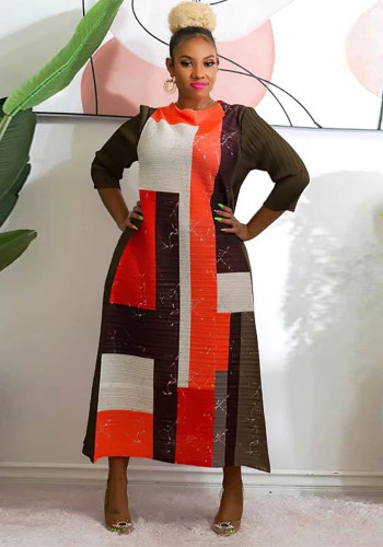 Fashion Women's Round Neck Printed Pleated Loose Dress