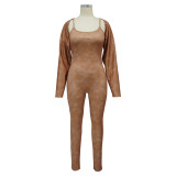 Women's Straps U Neck Sexy Tight Fitting Jumpsuit Long Sleeve Coat Two Piece Set