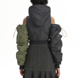 American Retro Hooded Cutout Jacket Autumn Trend Style Patchwork Drawstring Short Bomber Jacket