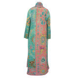 Pleated Printed Plus Size Windbreaker Long Coat For Women