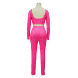 Women's Square Neck Long Sleeve Lace Up Top Sexy Tight Fitting Pencil Pants Fashion Two Piece Set