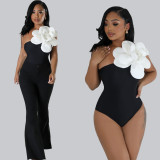 Large Flower Decorated One-Piece Swimsuit White Solid Color Sexy One-Piece Swimwear