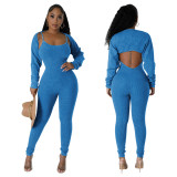 Women's Straps U Neck Sexy Tight Fitting Jumpsuit Long Sleeve Coat Two Piece Set