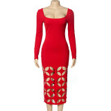 Autumn Solid Color Round Neck Long Sleeve Sexy Hollow High Waist Bodycon Dress