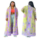 Pleated Printed Plus Size Windbreaker Long Coat For Women