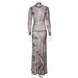 Women's Fall Fashion Mesh Print See-Through High Neck Slim Fit Dress For Women