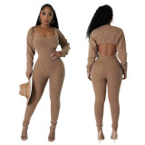 Women's Straps U Neck Sexy Tight Fitting Jumpsuit Long Sleeve Coat Two Piece Set