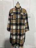 Autumn And Winter Chic Windbreaker Coat Side Slit Turndown Collar Loose Plaid Shirt Jacket