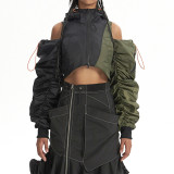 American Retro Hooded Cutout Jacket Autumn Trend Style Patchwork Drawstring Short Bomber Jacket