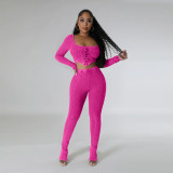 Women's Square Neck Long Sleeve Lace Up Top Sexy Tight Fitting Pencil Pants Fashion Two Piece Set
