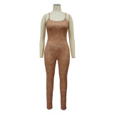 Women's Straps U Neck Sexy Tight Fitting Jumpsuit Long Sleeve Coat Two Piece Set