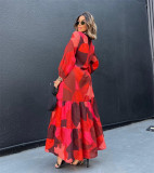 Women Autumn Printed Patchwork Button Casual Dress