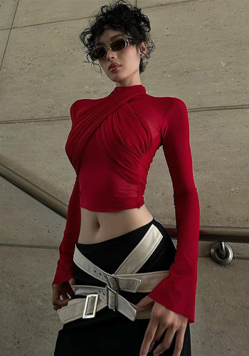 Women Sexy Long Sleeve Lace-Up Crop Top