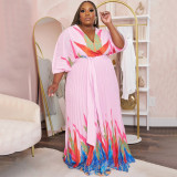 Plus Size Women's Chic V-Neck Slim Waist Printed Pleated Maxi Dress