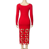 Autumn Solid Color Round Neck Long Sleeve Sexy Hollow High Waist Bodycon Dress