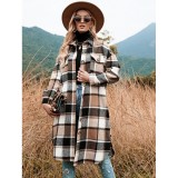 Autumn And Winter Chic Windbreaker Coat Side Slit Turndown Collar Loose Plaid Shirt Jacket