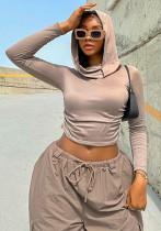 Women's Hooded Top Autumn And Winter Casual Solid Color Long Sleeve Crop T-Shirt For Women