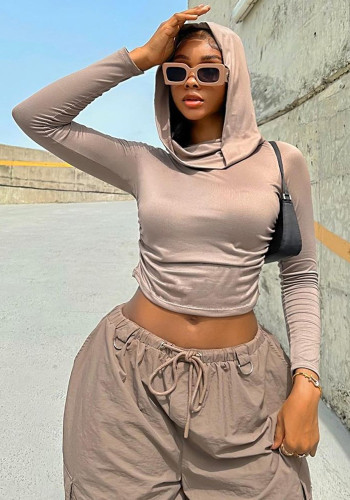 Women's Hooded Top Autumn And Winter Casual Solid Color Long Sleeve Crop T-Shirt For Women