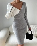 Women Autumn and Winter V-Neck Contrast Color Sexy Bodycon Knitting Dress