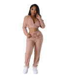 Solid Hooded Zipper Crop Two-Piece Pants Set