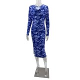Chic Long Sleeve Printed Midi Dress Foral High Waist Side Slit Slim Fit Women's Dress
