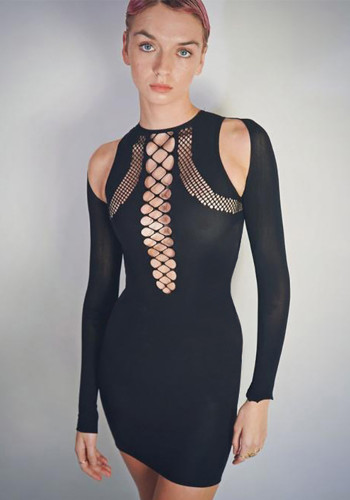 Women Solid Hollow Off Shoulder Long Sleeve Dress
