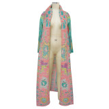 Pleated Printed Plus Size Windbreaker Long Coat For Women