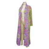 Pleated Printed Plus Size Windbreaker Long Coat For Women