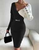 Women Autumn and Winter V-Neck Contrast Color Sexy Bodycon Knitting Dress
