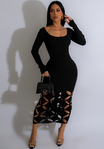 Autumn Solid Color Round Neck Long Sleeve Sexy Hollow High Waist Bodycon Dress