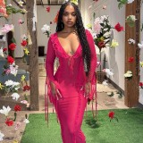 Women Autumn Solid Strappy Sexy Ruffle Edge Maxi Dress