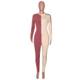 Women Sexy Contrast Color Zipper Patchwork Jumpsuit