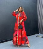 Women Autumn Printed Patchwork Button Casual Dress