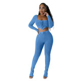 Women's Square Neck Long Sleeve Lace Up Top Sexy Tight Fitting Pencil Pants Fashion Two Piece Set