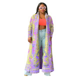Pleated Printed Plus Size Windbreaker Long Coat For Women
