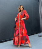 Women Autumn Printed Patchwork Button Casual Dress