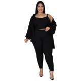 Plus Size Women Ribbed Solid Color Three-Piece Casual Sexy Pants Set