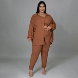 Plus Size Women Ribbed Solid Color Three-Piece Casual Sexy Pants Set