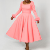 Winter Chic Elegant Fur Decorated Long Sleeve A-Line African Party Dress