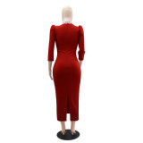 Solid Color V-Neck Women's High Waist Bodycon Pencil Dress