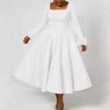 Winter Chic Elegant Fur Decorated Long Sleeve A-Line African Party Dress