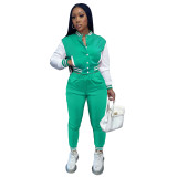 Women's Color Block Single Breasted Patchwork Long Sleeve Baseball Jersey Pants Two Piece Set For Women