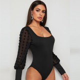 Spring Slim Fashion Square Neck Long Sleeve Tight Fitting Jumpsuit For Women