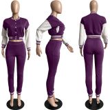 Women's Color Block Single Breasted Patchwork Long Sleeve Baseball Jersey Pants Two Piece Set For Women